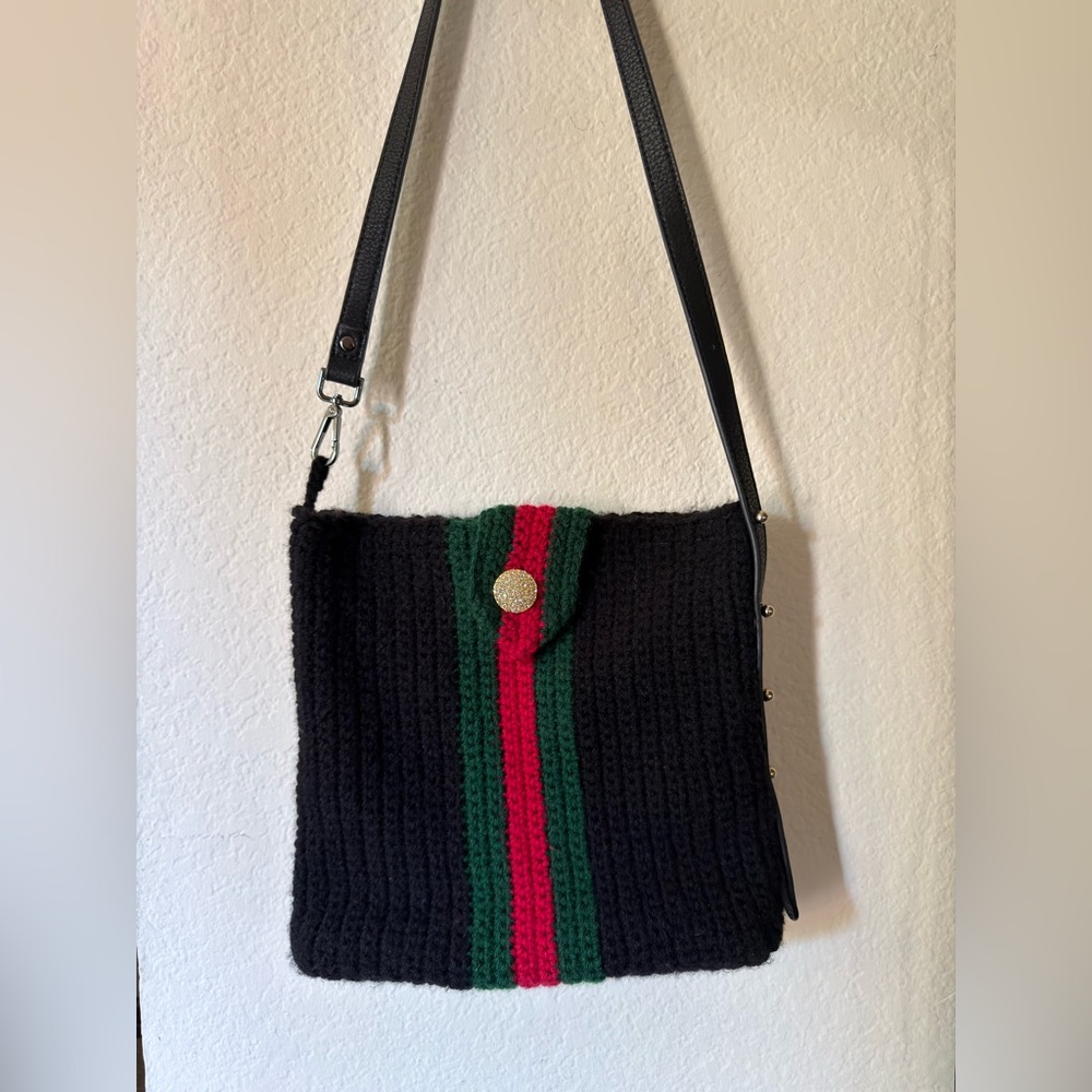 Stylish Black Knit Shoulder Bag with Red and Green Stripes